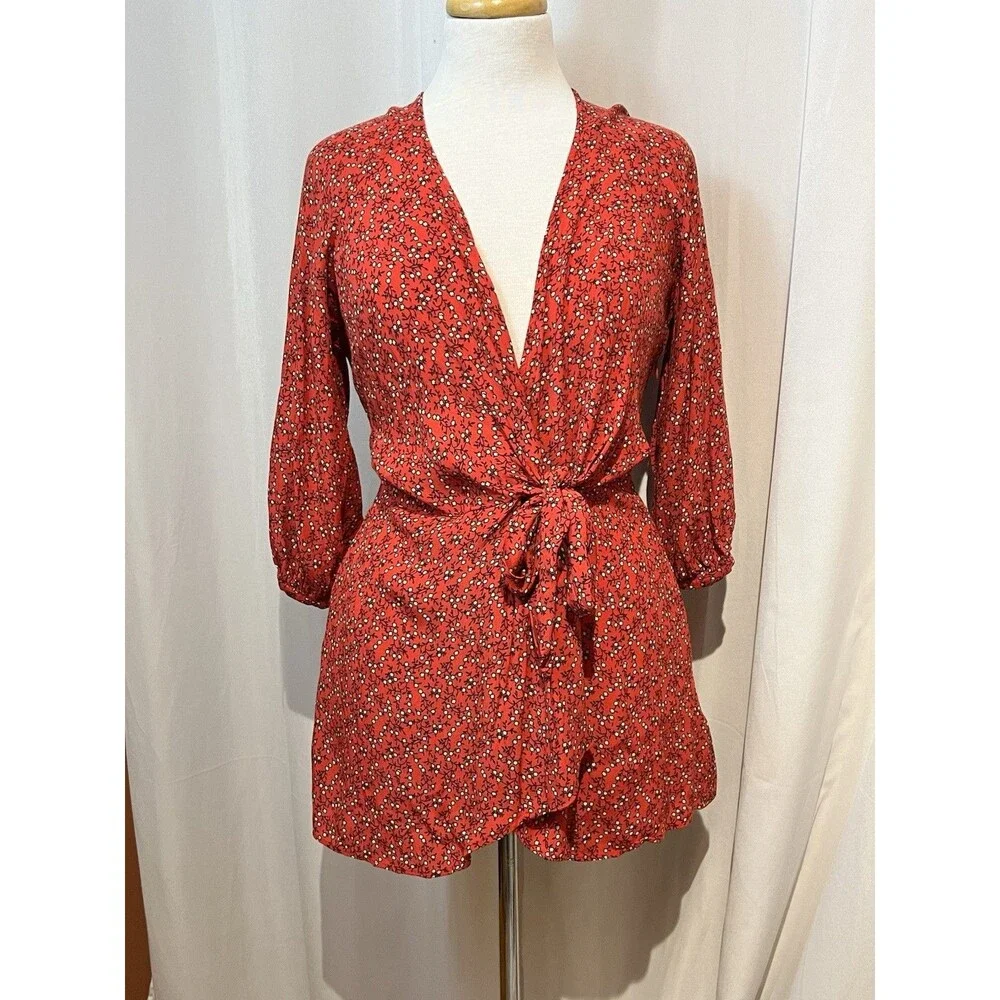 Free People Women's Clara Floral Mini Tunic Dress S Red Wrap 3/4 Sleeve Viscose‎